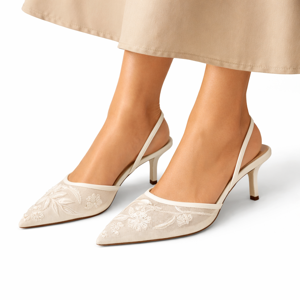 Mules Femme en Mesh Brodé Fleuri - Bout Pointu, Talon Fin