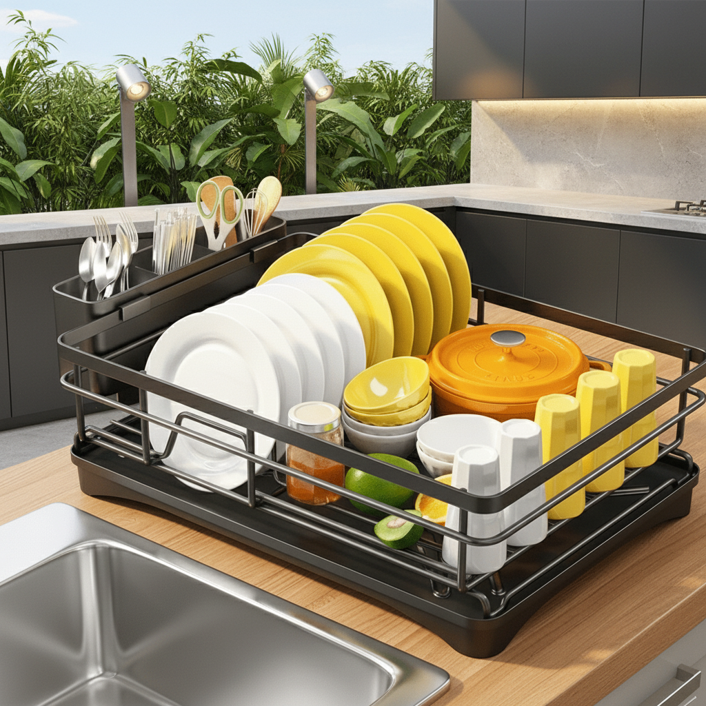 Dish Rack – Modern Design Made of Durable Plastic and Metal for Efficient Drying of Plates and Cutlery in the Kitchen