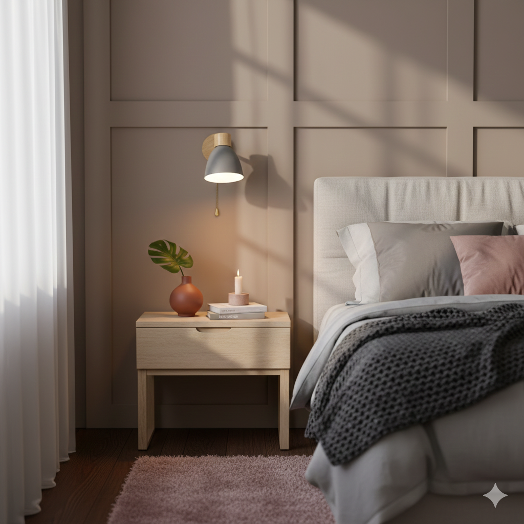 Applique Murale Bois et Métal, Bras Orientable et Abat-jour Conique