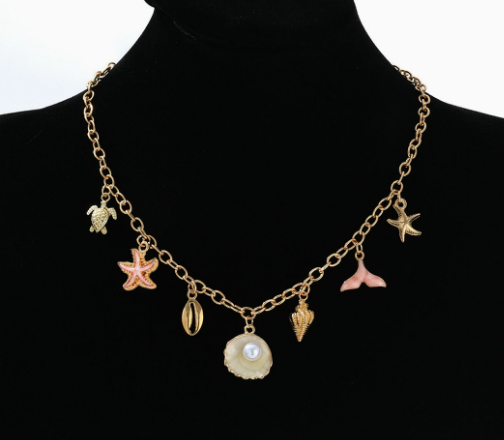 Collier Femme Pendentif Perle Nacrée Doré Motifs Coquillage