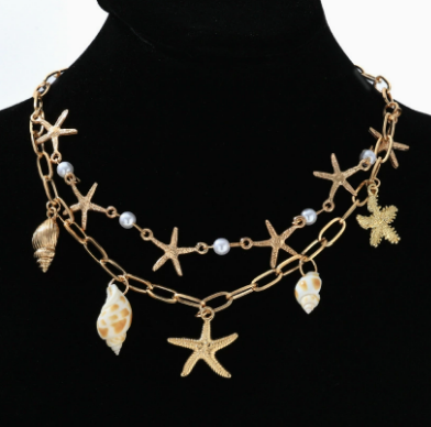 Collier Femme Pendentif Perle Nacrée Doré Motifs Coquillage