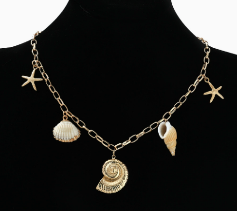 Collier Femme Pendentif Perle Nacrée Doré Motifs Coquillage