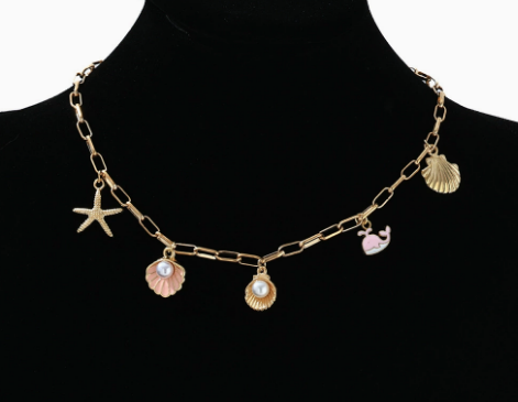 Collier Femme Pendentif Perle Nacrée Doré Motifs Coquillage