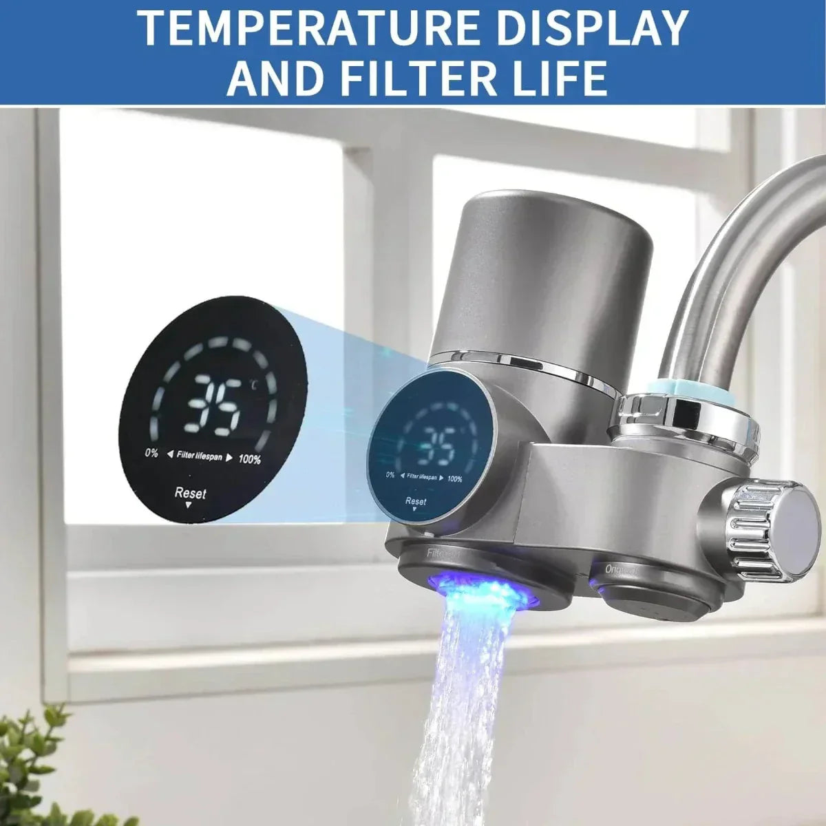 Kraanwaterfilter met LED-display – van ABS en roestvrij staal van voedingskwaliteit voor in de keuken, met twee waterstanden