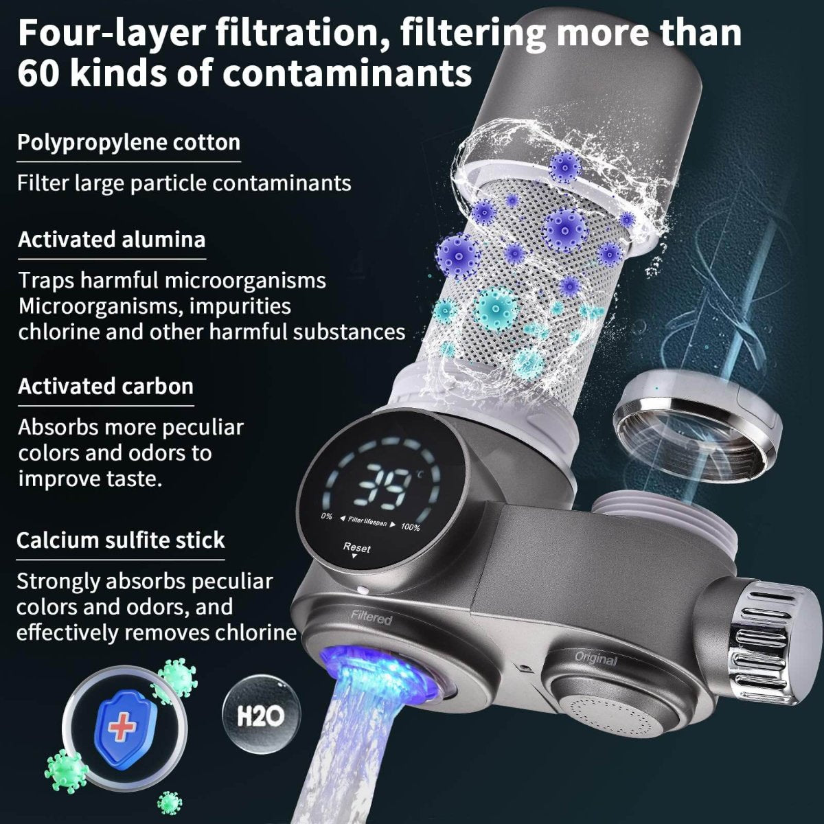 Kraanwaterfilter met LED-display – van ABS en roestvrij staal van voedingskwaliteit voor in de keuken, met twee waterstanden