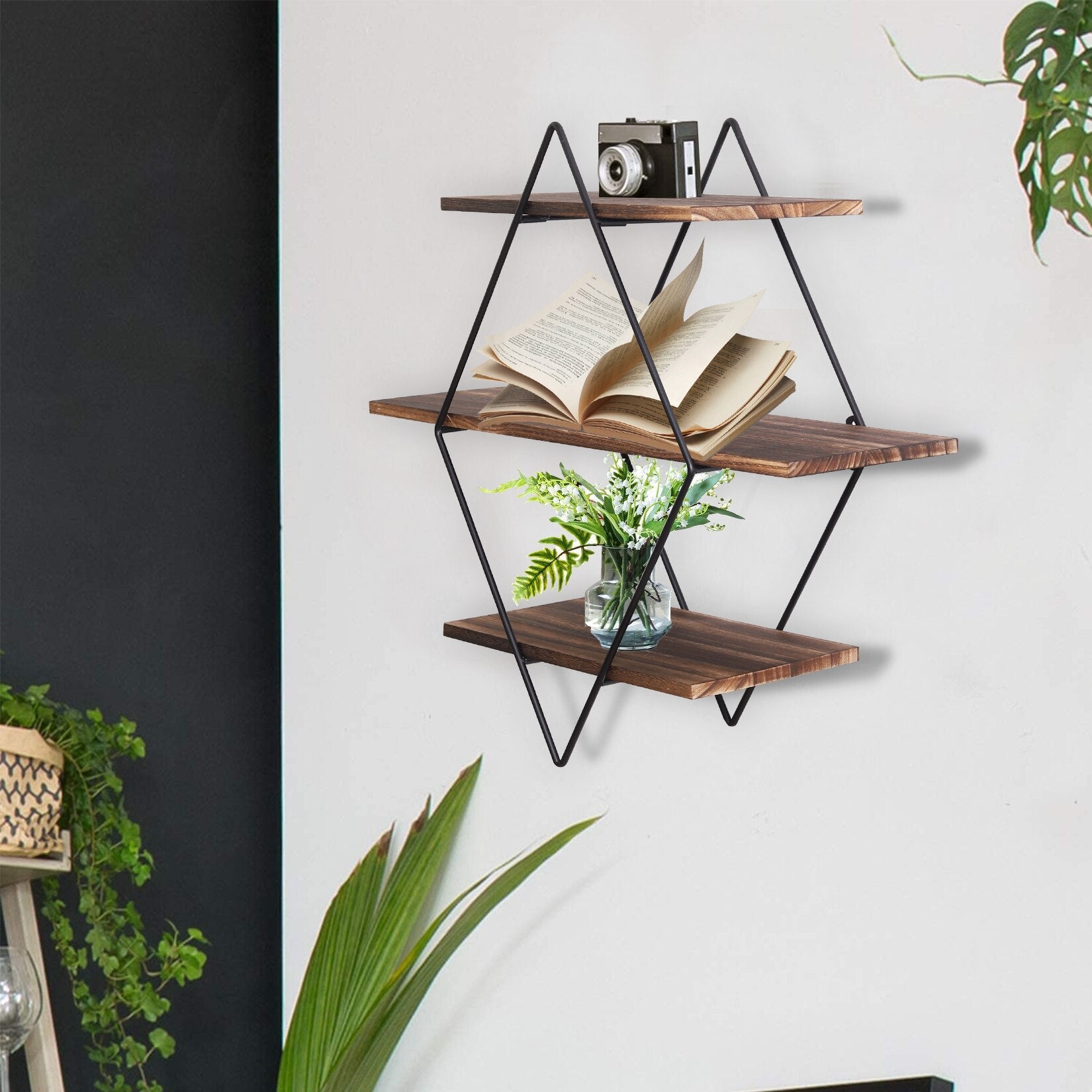 Wall Shelf – Black Metal and Natural Wood, Modern Three-Tier Design for the Living Room or Office