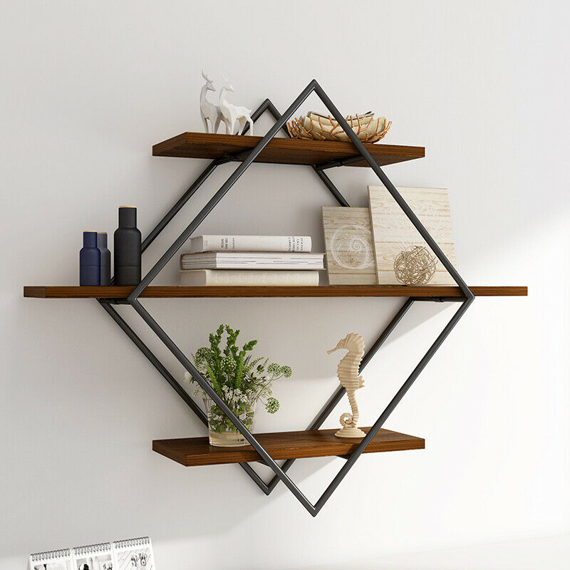 Wall Shelf – Black Metal and Natural Wood, Modern Three-Tier Design for the Living Room or Office