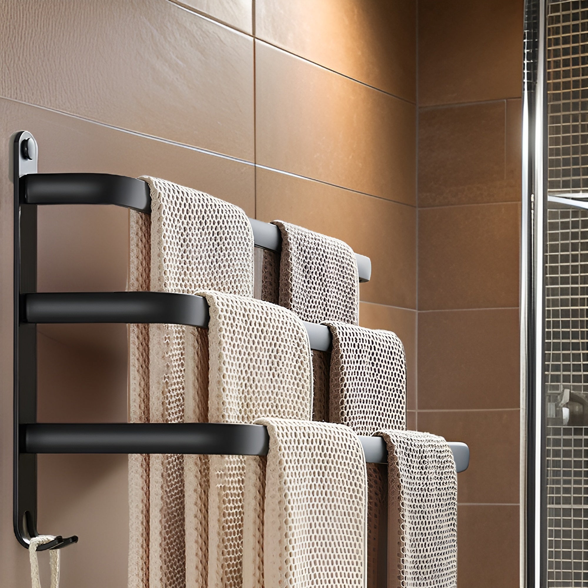 Wall-mounted towel rack – Black Aluminum, Modern 3-Tier Design for the Bathroom or Wellness Area