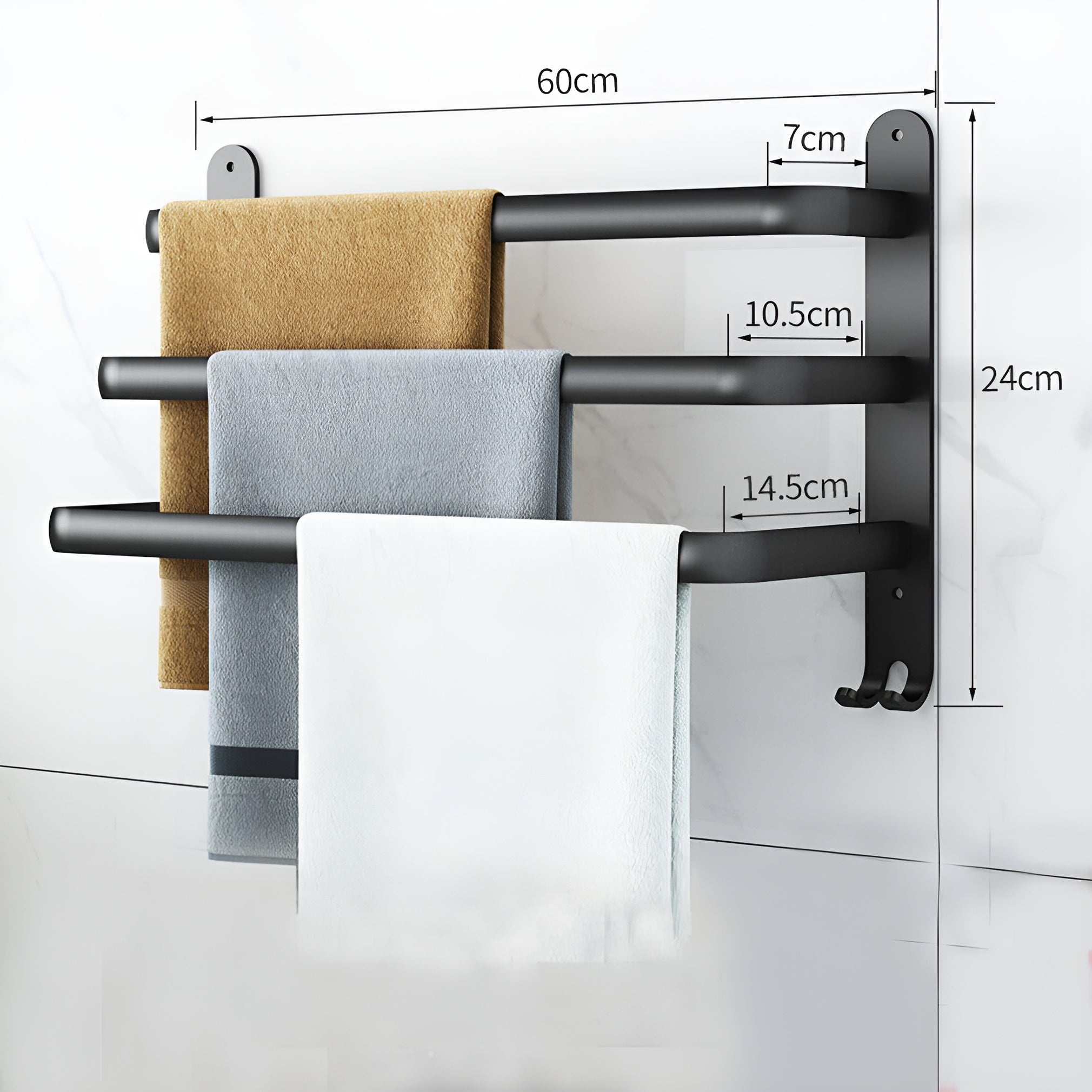 Wall-mounted towel rack – Black Aluminum, Modern 3-Tier Design for the Bathroom or Wellness Area