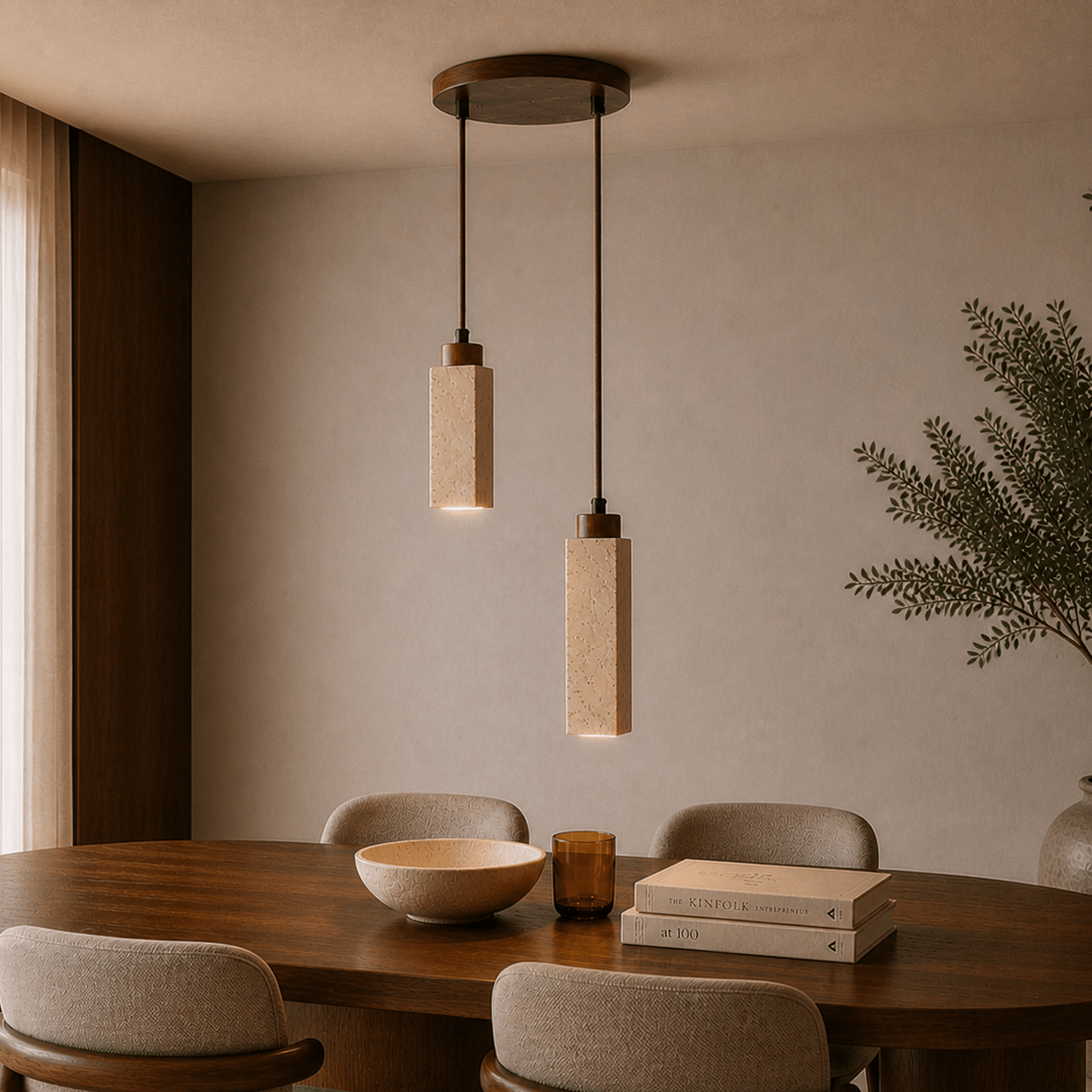 Lámpara colgante – Nogal y travertino, diseño minimalista en bloque para mesa de comedor o salón