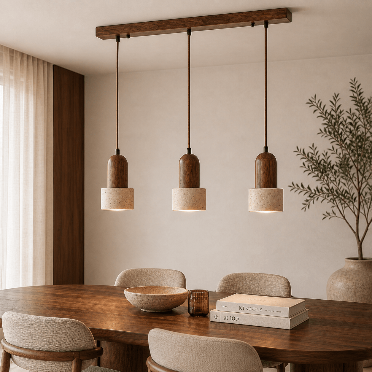 Lámpara colgante – Nogal y travertino, diseño minimalista para mesa de comedor o isla de cocina