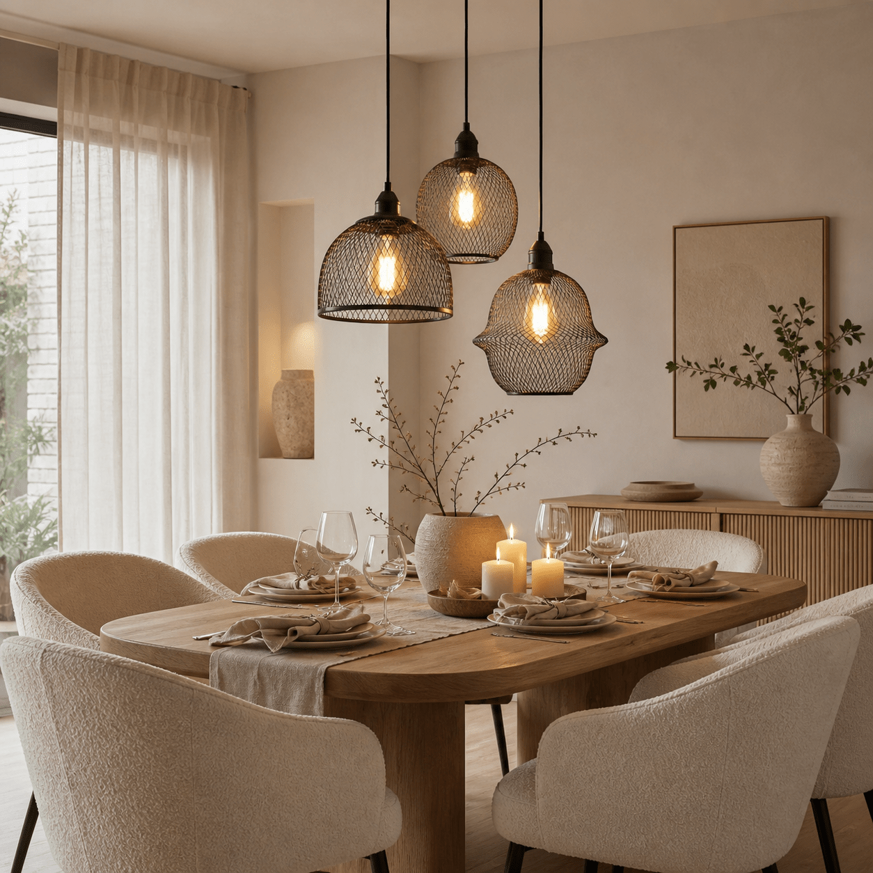 Pendant Light – Black Metal with Mesh Frame, 3-Light Design for the Living Room or Dining Room