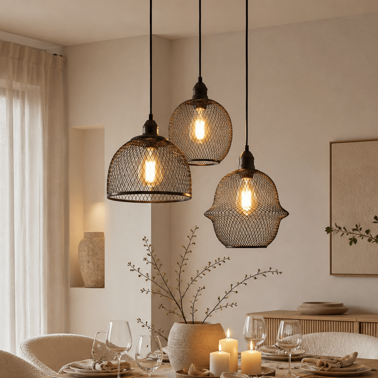 Pendant Light – Black Metal with Mesh Frame, 3-Light Design for the Living Room or Dining Room