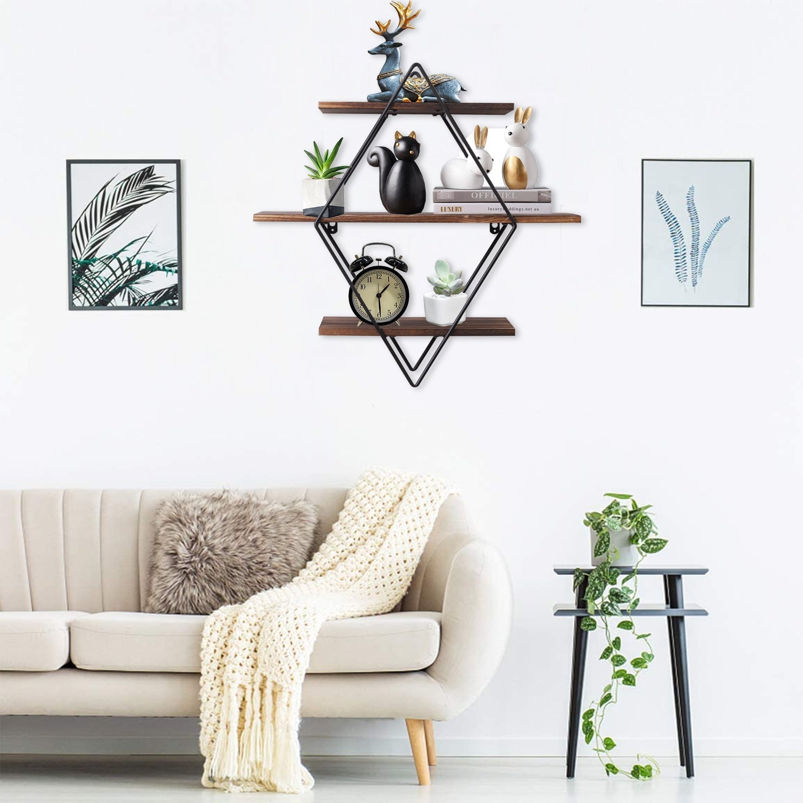 Wall Shelf – Black Metal and Natural Wood, Modern Three-Tier Design for the Living Room or Office