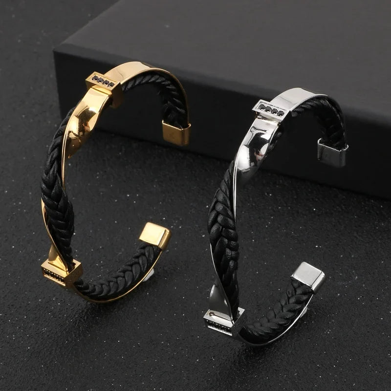Bracelet Homme Manchette en Cuir Tressé et Acier Inoxydable