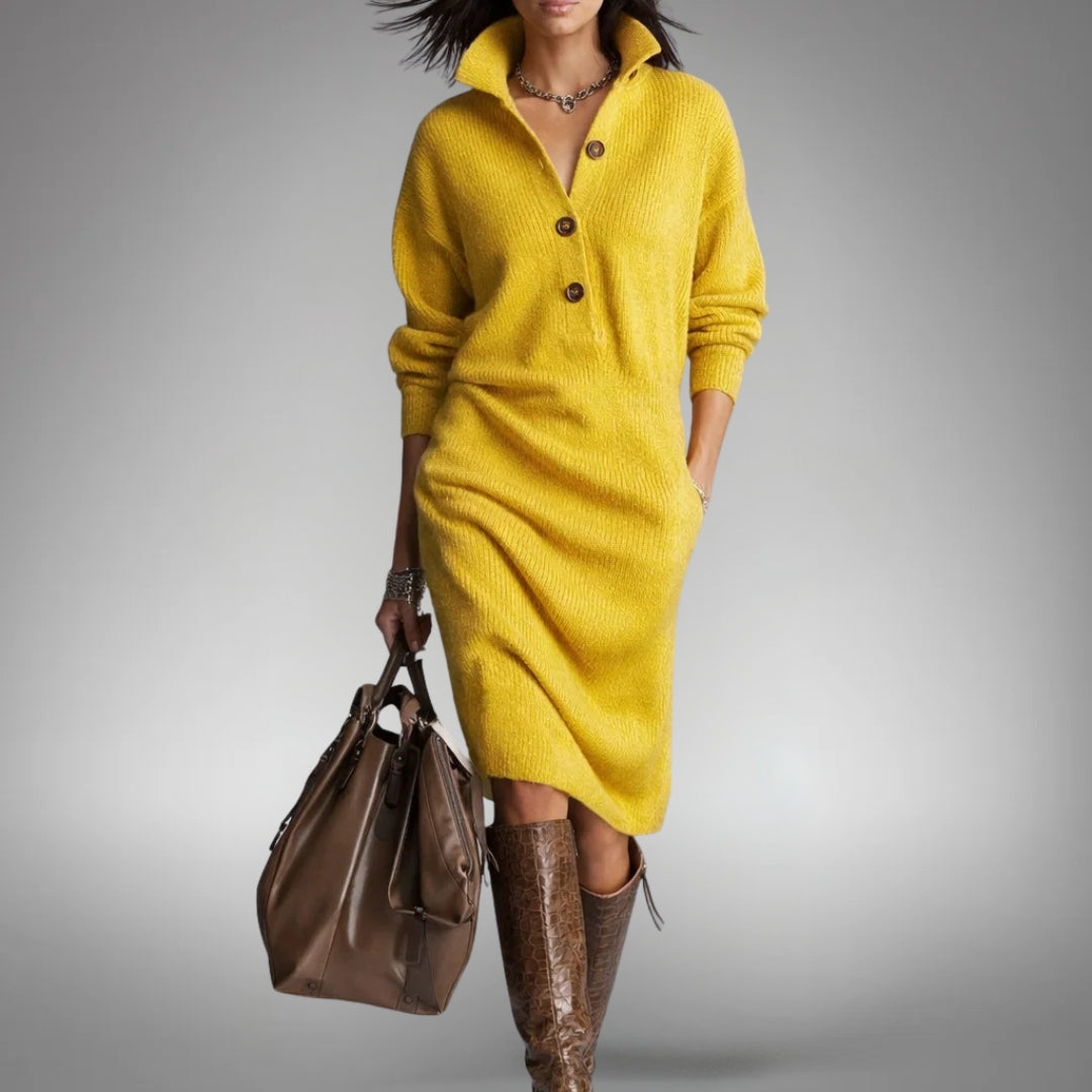 Robe Midi Femme en Maille avec Fermeture Éclair Quart au Col