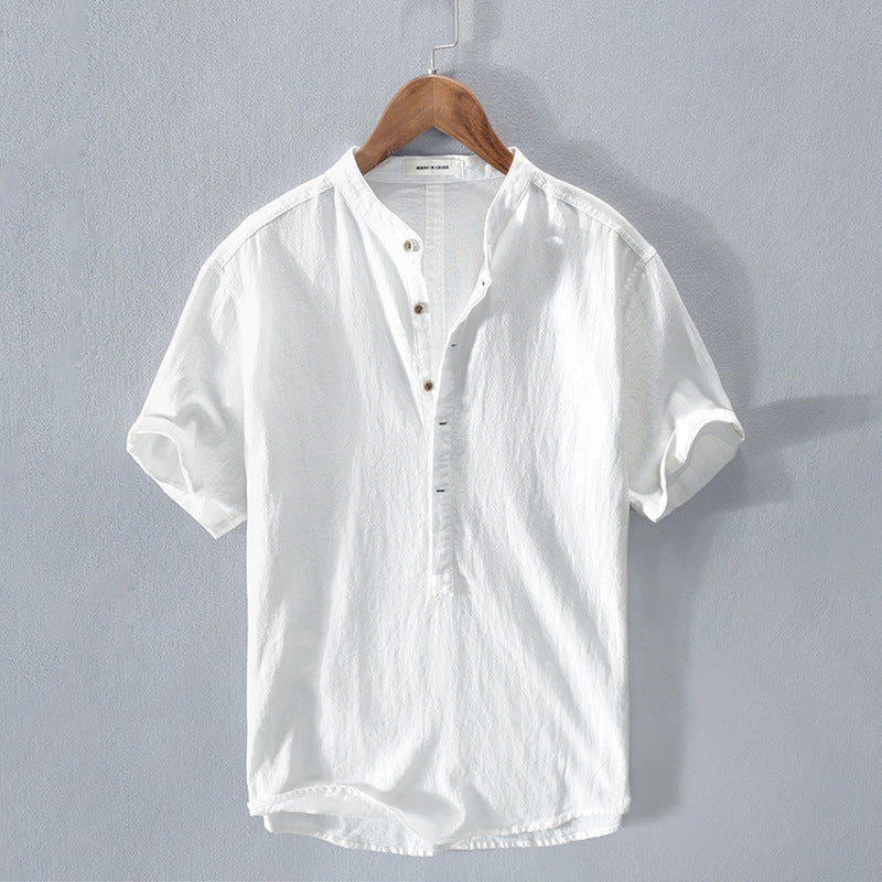 Chemise Homme Manches Courtes Col Mandarin Patte de Boutonnage