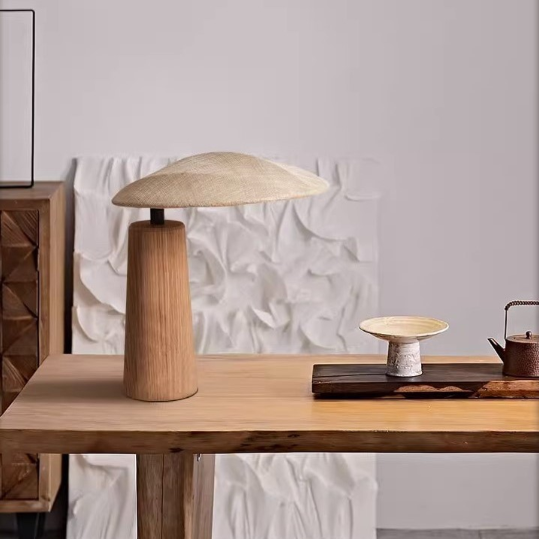 Lampe de Table Bois Massif Wabi-Sabi - Abat-Jour Rond en Tissu