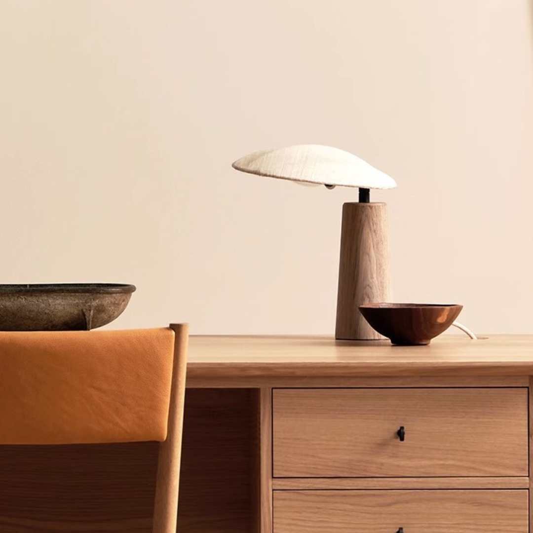 Lampe de Table Bois Massif Wabi-Sabi - Abat-Jour Rond en Tissu