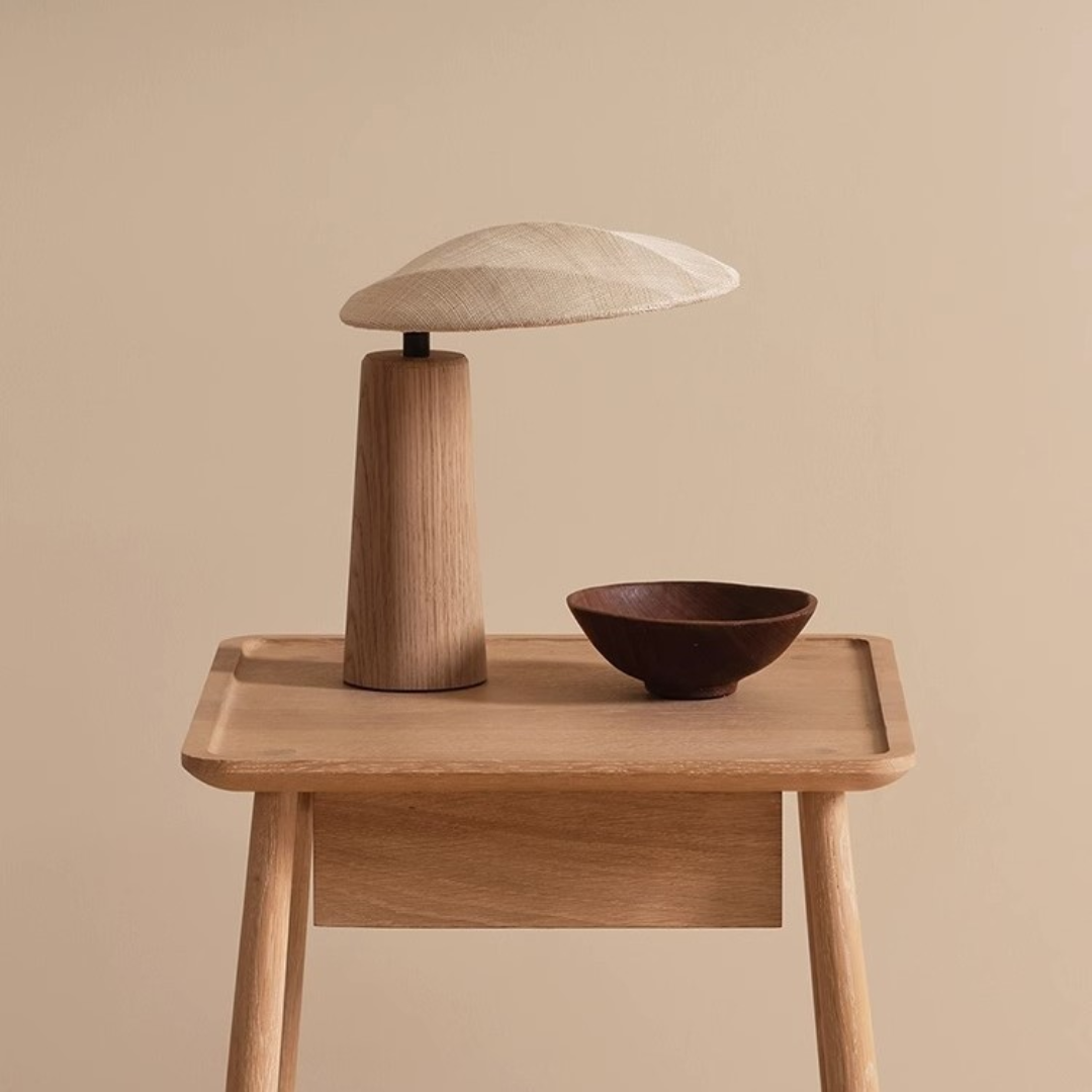 Lampe de Table Bois Massif Wabi-Sabi - Abat-Jour Rond en Tissu