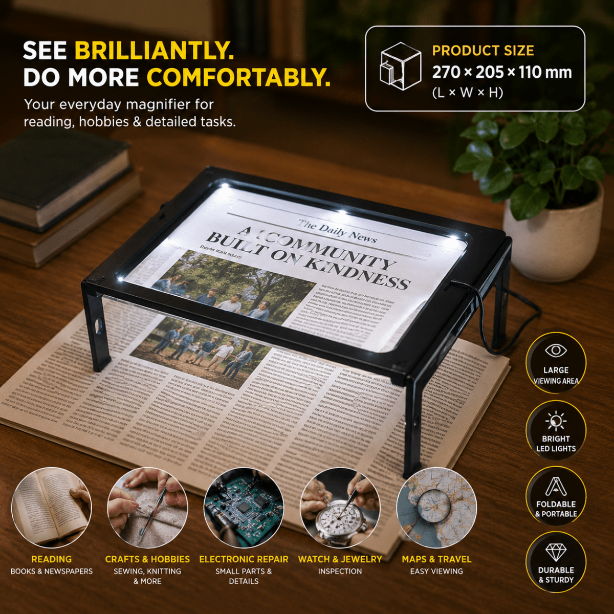 Hands-Free Reading Magnifier – Durable Plastic with 3x Magnification and LED Light for DIY Projects or Reading