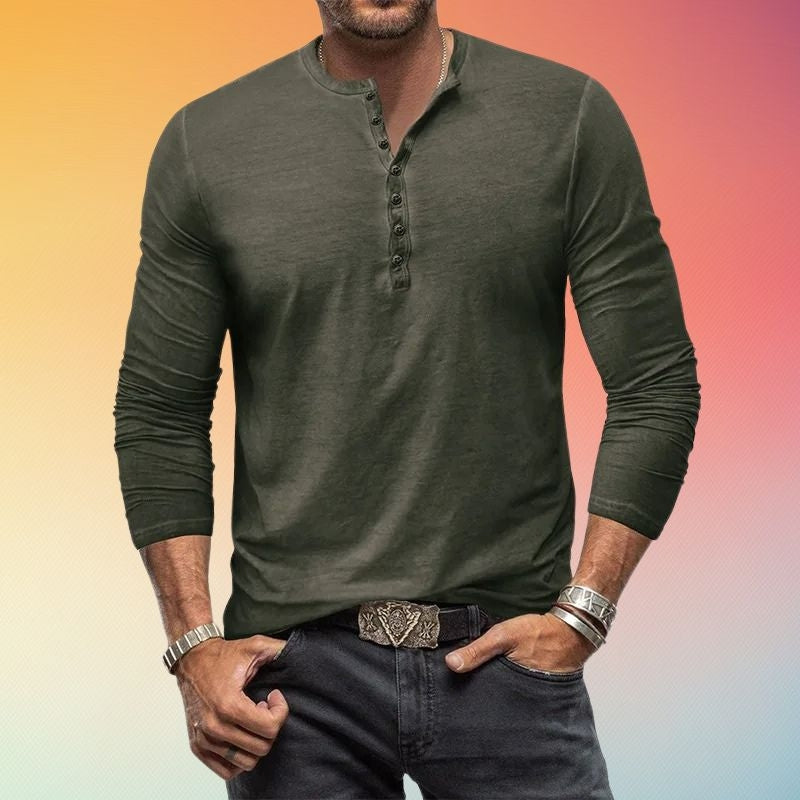 Chemise Henley Homme Manches Longues Coupe Slim à Boutons