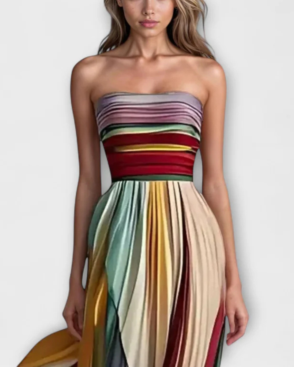 Robe Longue Femme Bustier Plissée Multicolore de Soirée