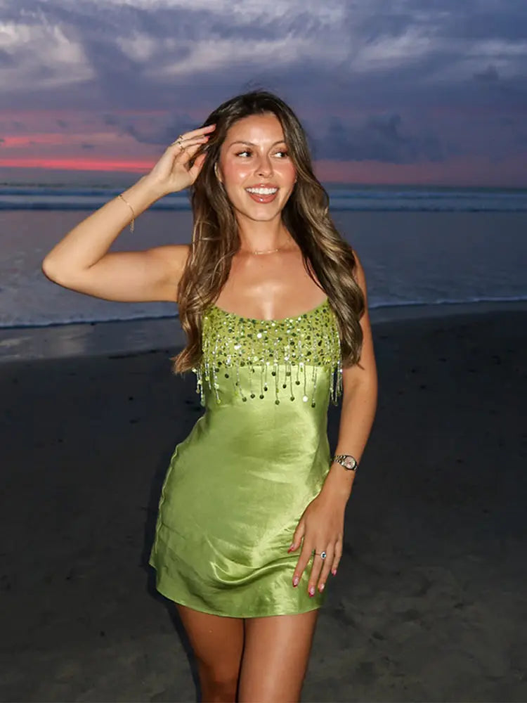 Robe Courte Femme en Satin à Sequins, Style Nuisette Cocktail
