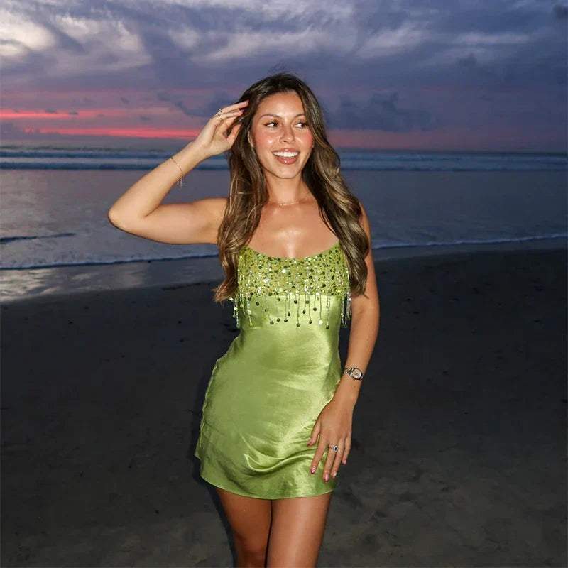 Robe Courte Femme en Satin à Sequins, Style Nuisette Cocktail