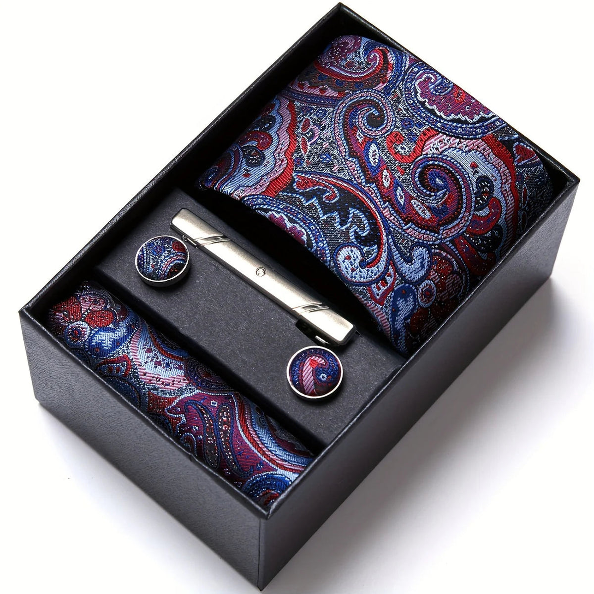 Men's Tie Set with Paisley Pattern – Matching Pocket Square Clip and Cufflinks 12