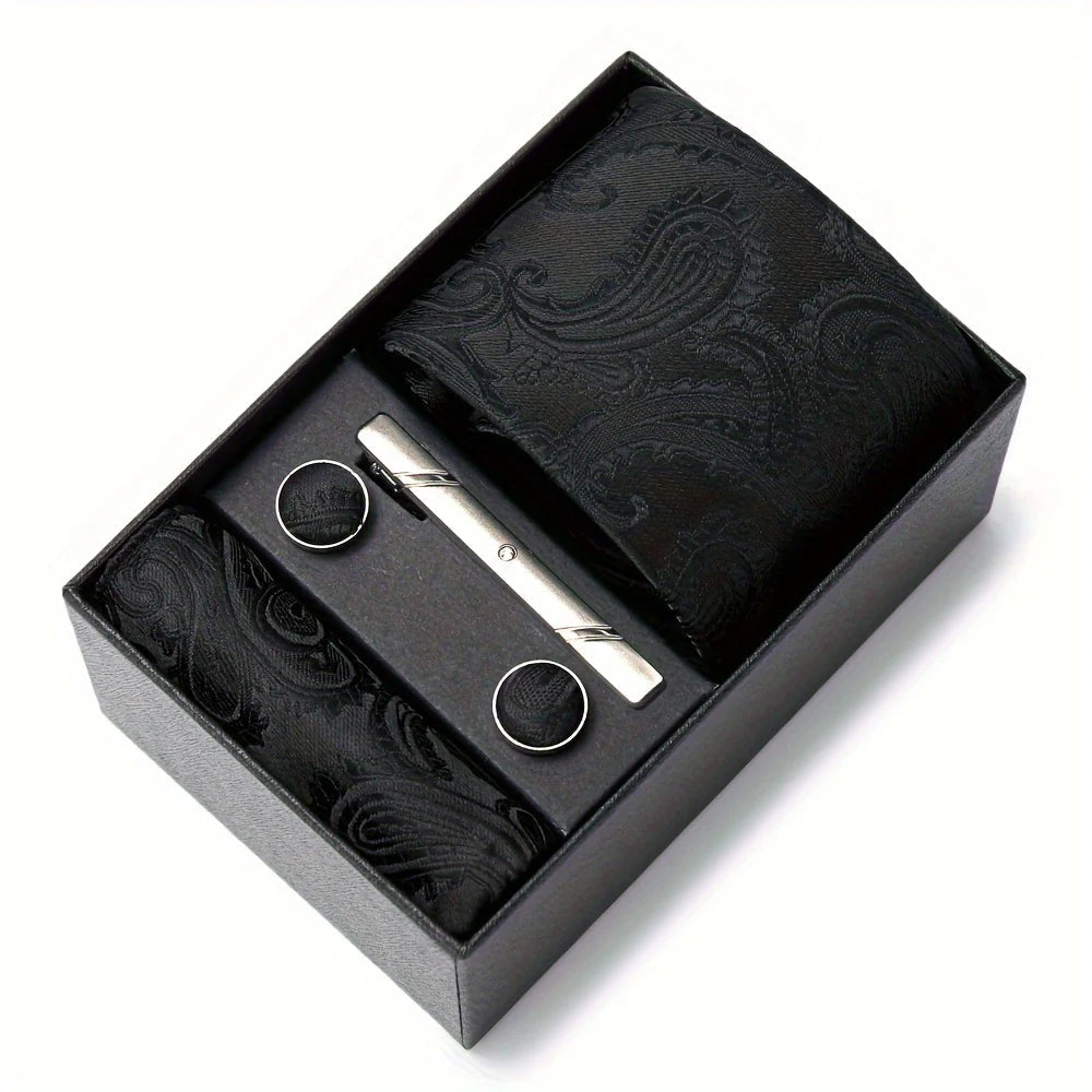 Men's Tie Set with Paisley Pattern – Matching Pocket Square Clip and Cufflinks 4