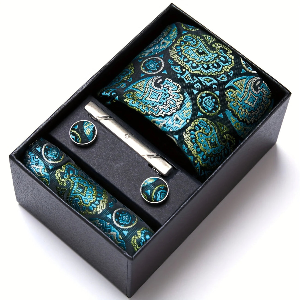 Men's Tie Set with Paisley Pattern – Matching Pocket Square Clip and Cufflinks 7