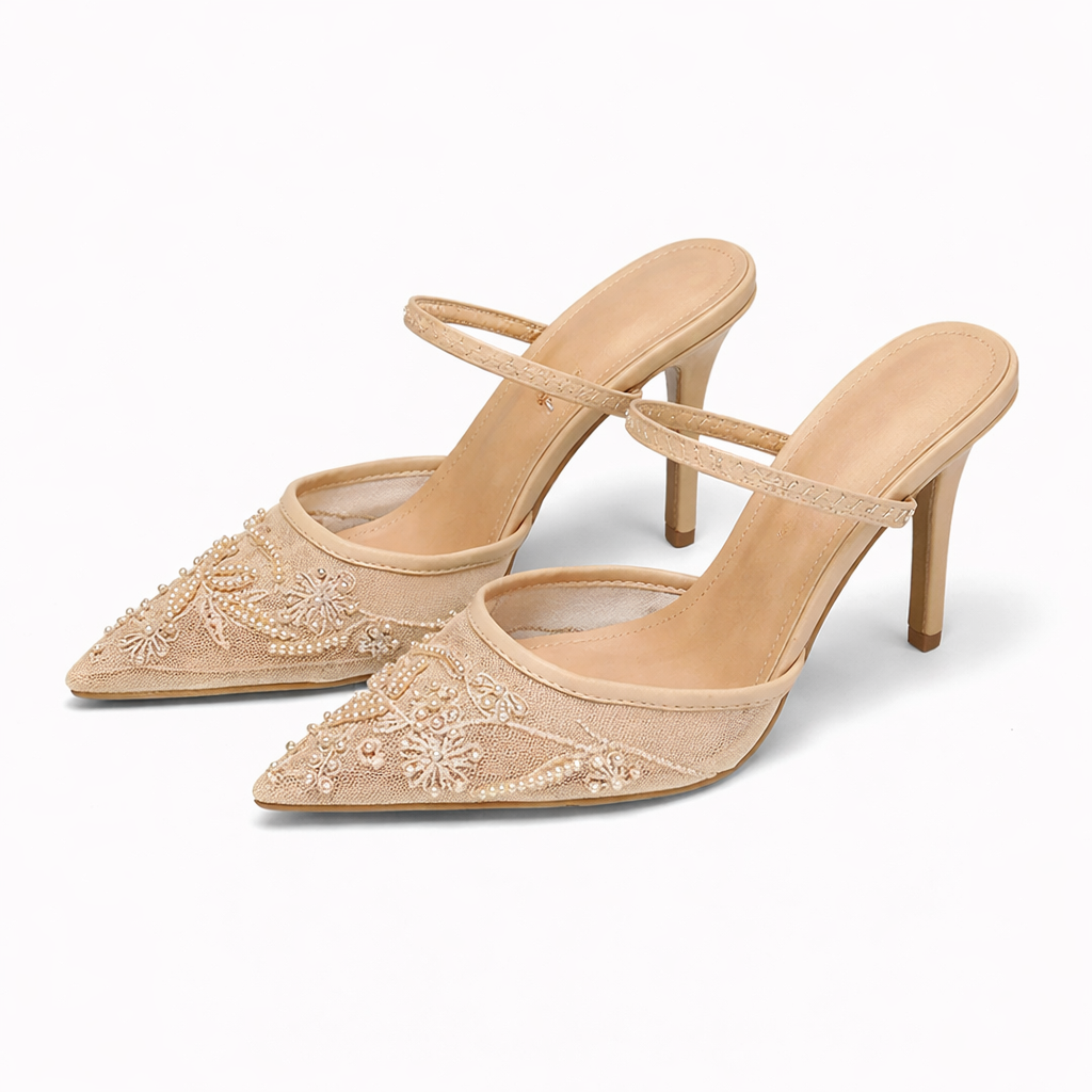 Mules Femme en Mesh Brodé Fleuri - Bout Pointu, Talon Fin