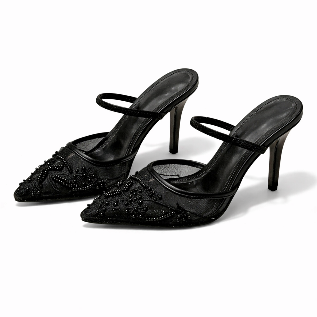 Mules Femme en Mesh Brodé Fleuri - Bout Pointu, Talon Fin