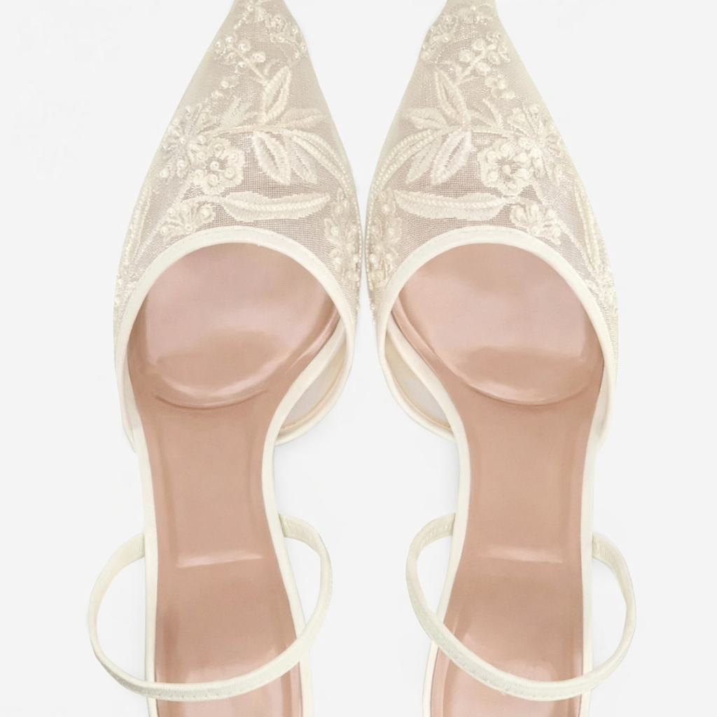 Mules Femme en Mesh Brodé Fleuri - Bout Pointu, Talon Fin