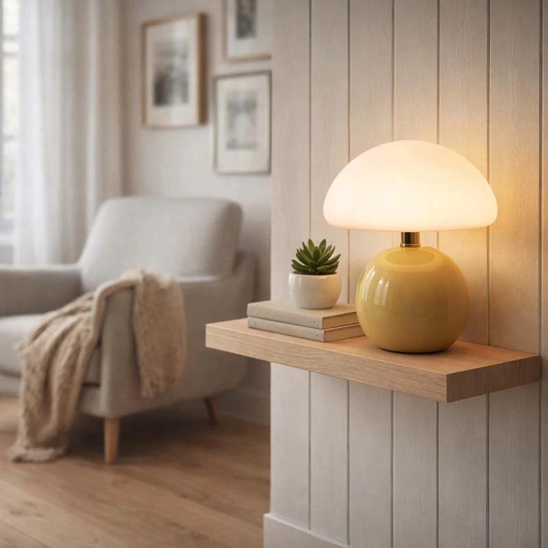 Nordic Ceramic Mushroom Table Lamp, yellow ceramic base with white glass shade, on wall shelf in a cozy living room.