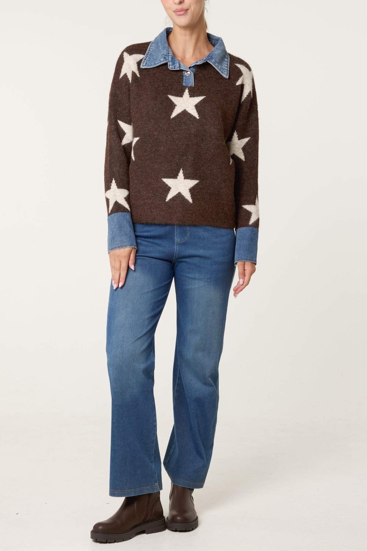 Pull Femme Col Façon Denim Motif Étoile en Maille