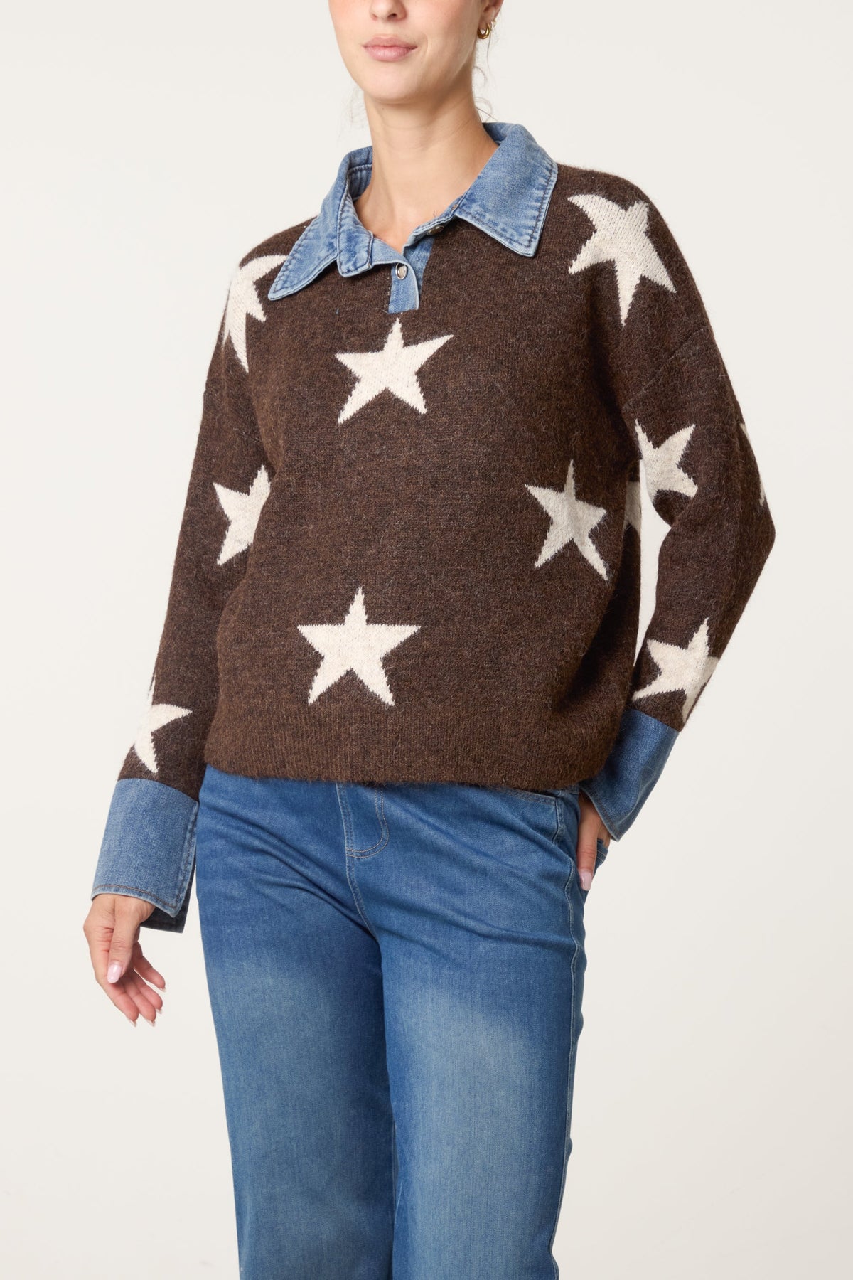 Pull Femme Col Façon Denim Motif Étoile en Maille