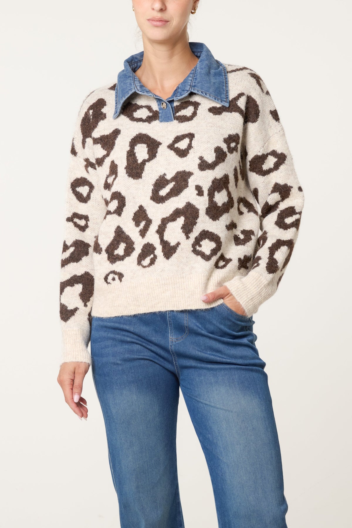 Pull Femme Maille Col en Jean Motif Animalier