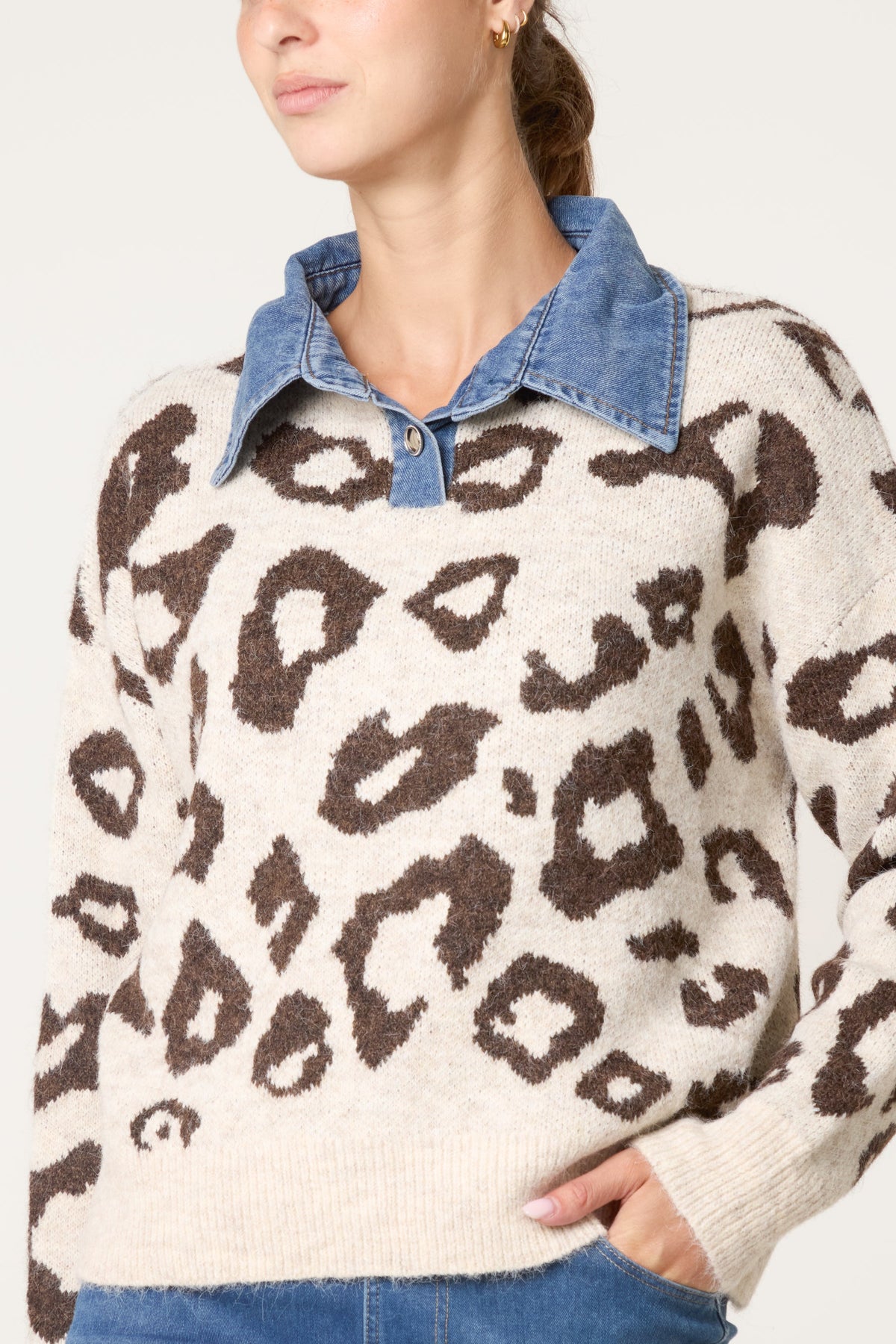 Pull Femme Maille Col en Jean Motif Animalier
