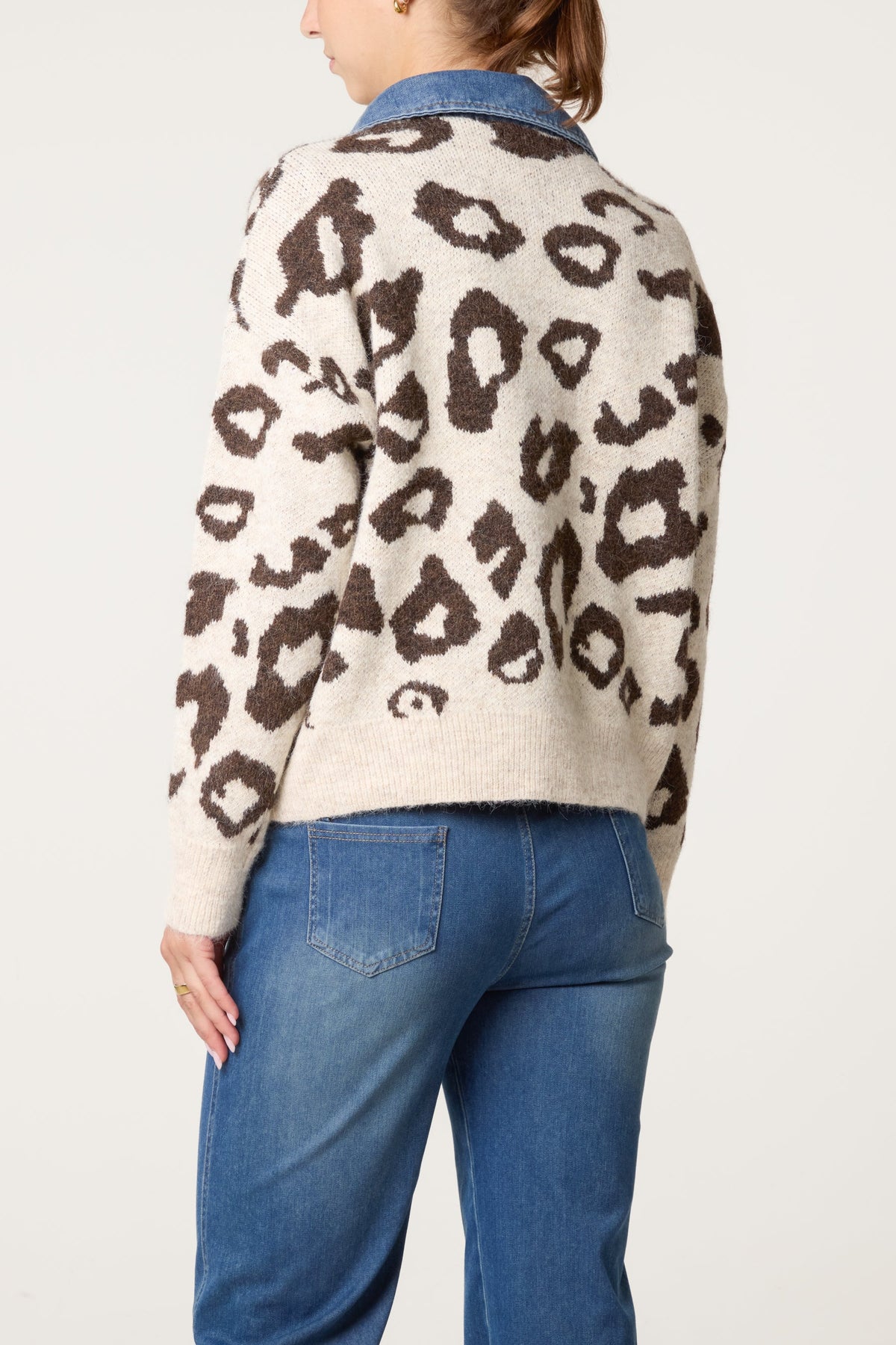 Pull Femme Maille Col en Jean Motif Animalier