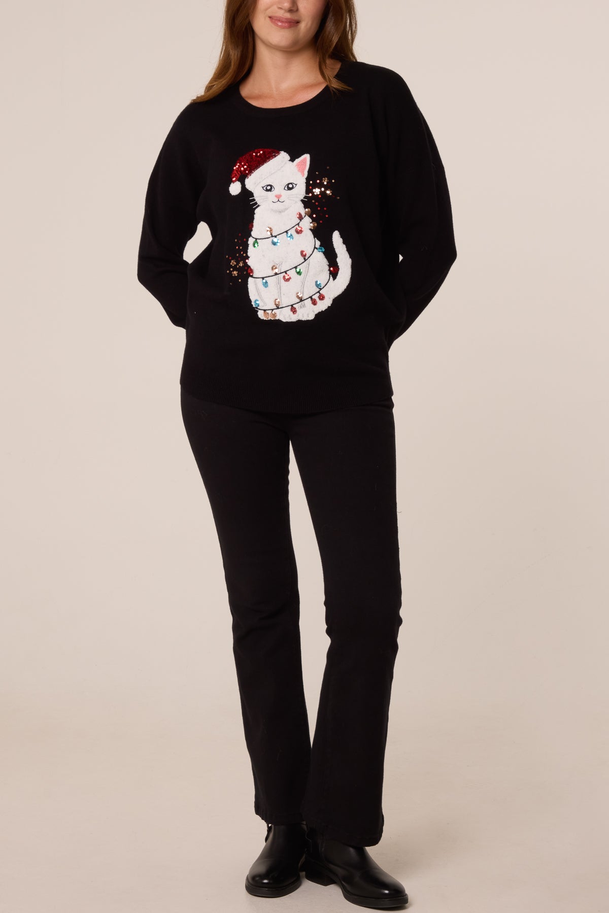 Pull de Noël Femme Motif Chat Pailleté