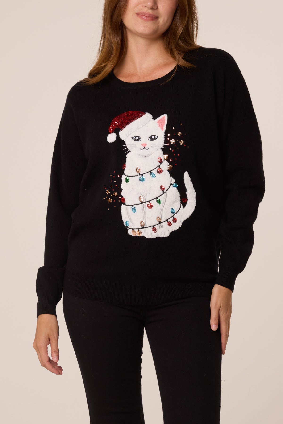 Pull de Noël Femme Motif Chat Pailleté