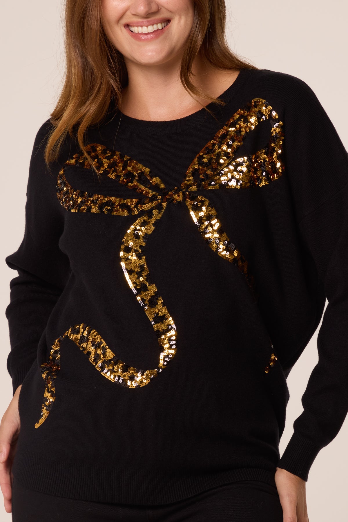 Pull Femme Imprimé Léopard à Nœud en Sequins