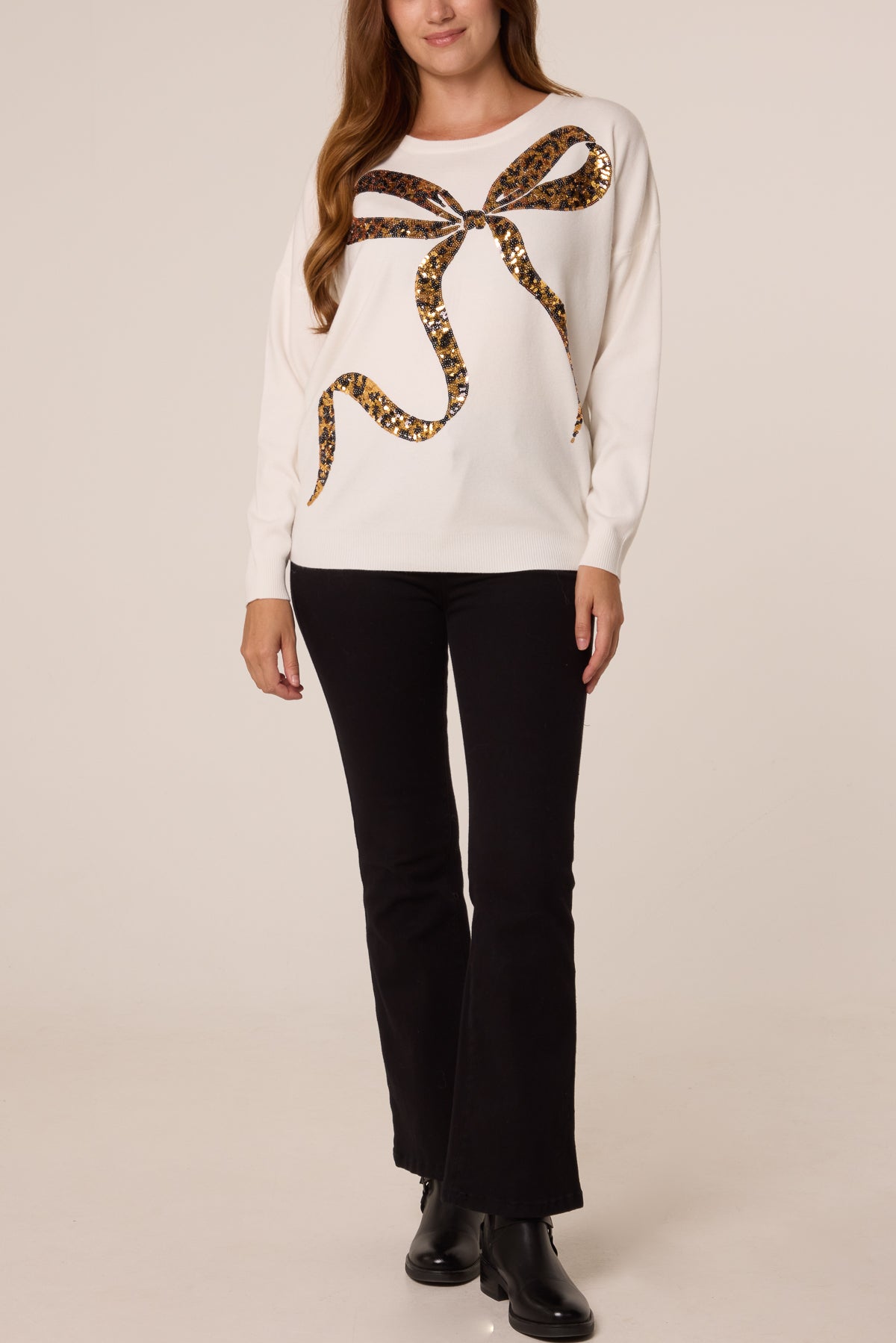 Pull Femme Imprimé Léopard à Nœud en Sequins