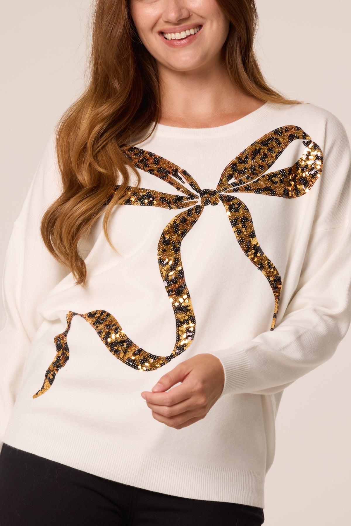 Pull Femme Imprimé Léopard à Nœud en Sequins