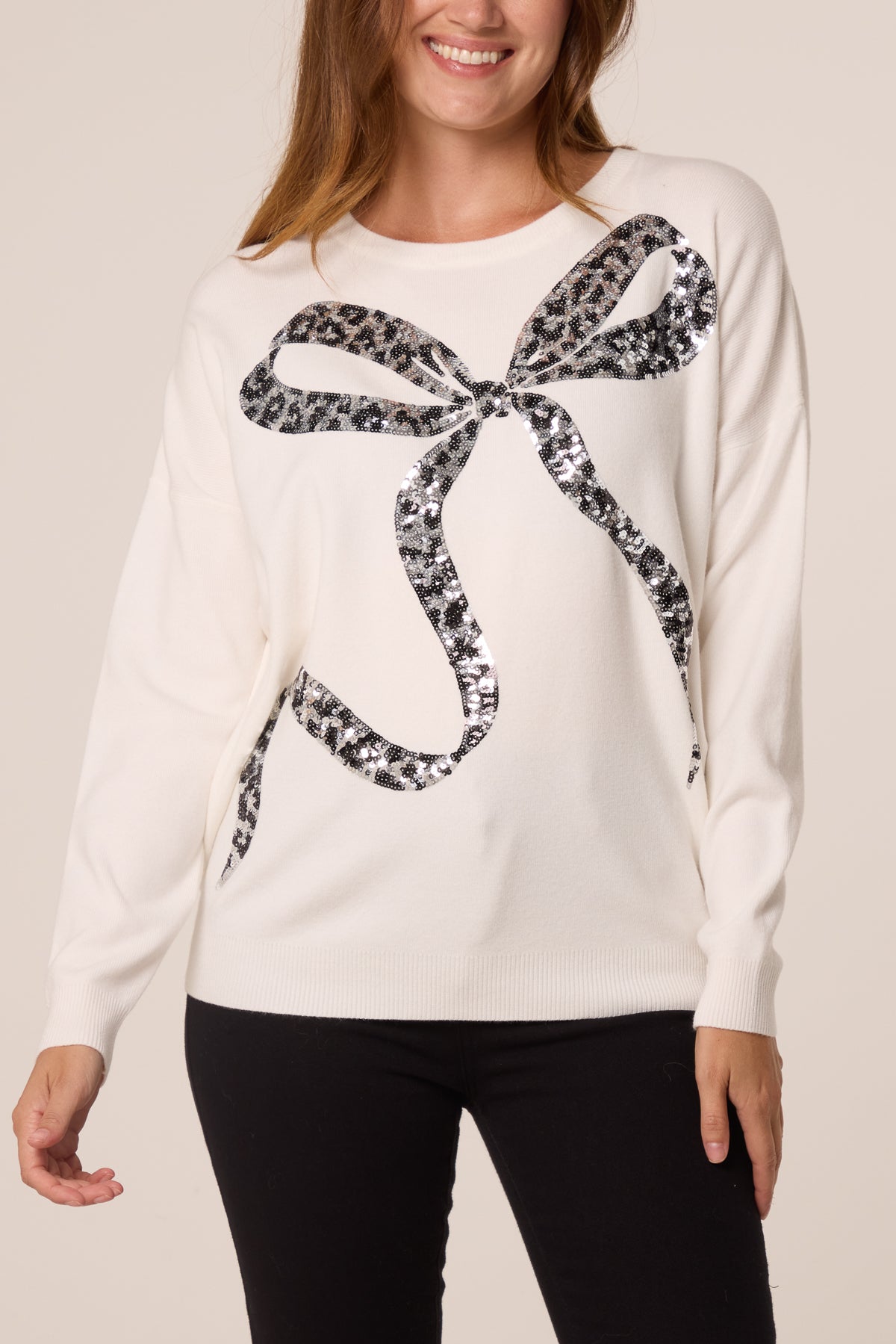 Pull Femme Imprimé Léopard à Nœud en Sequins