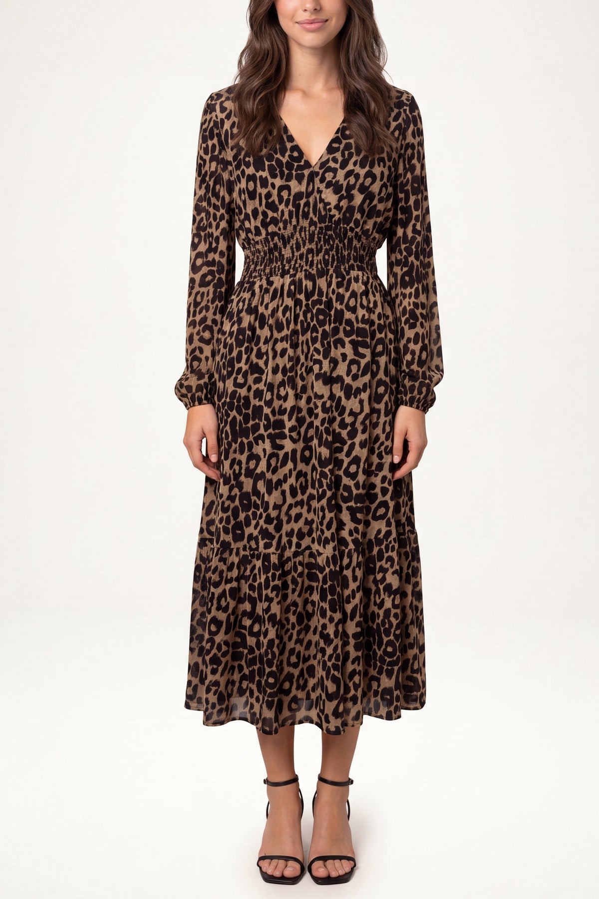 Robe Midi Femme Imprimé Animal Col V Manches Longues Froncée