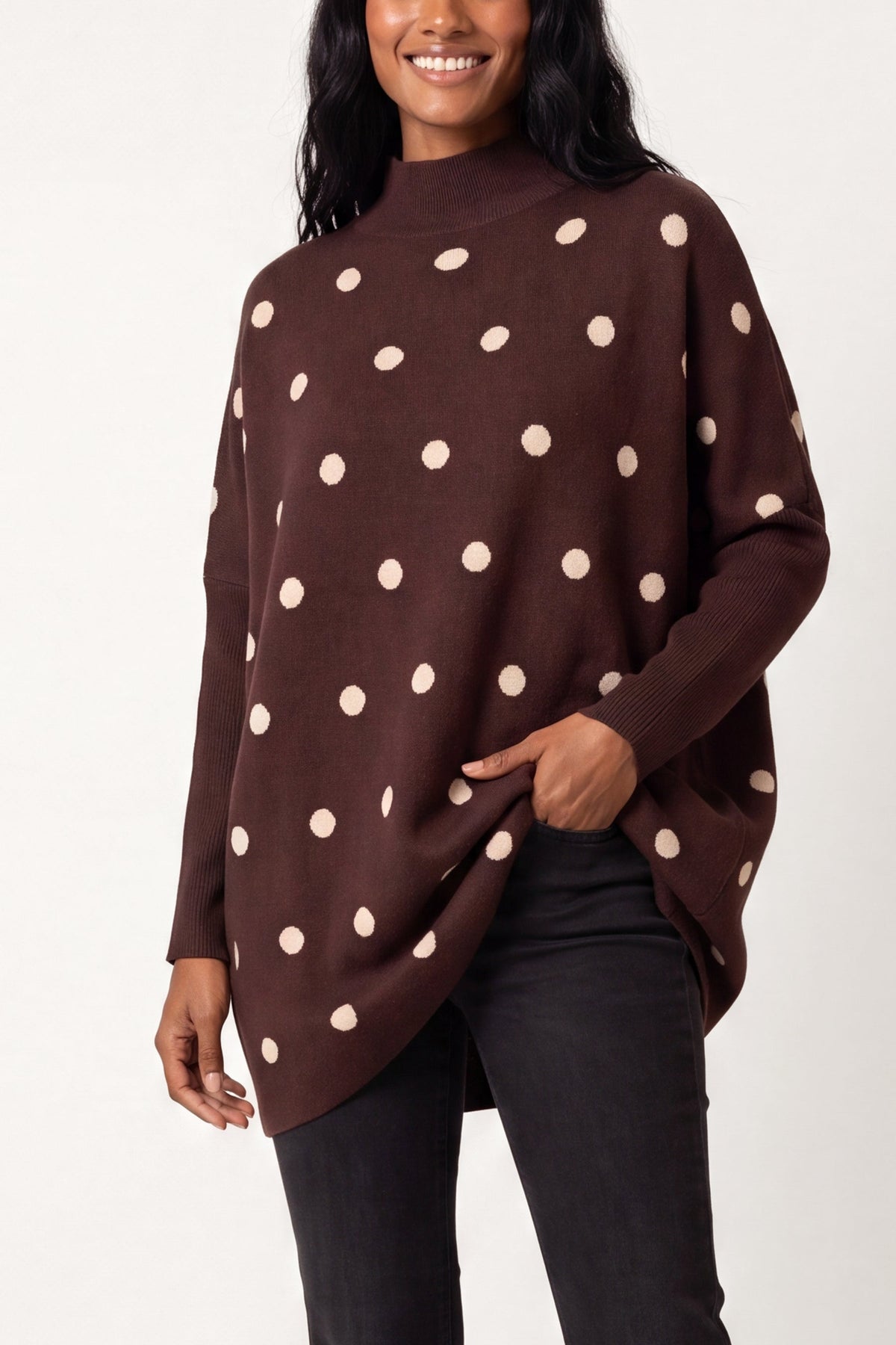 Pull Femme Tricot Manches Chauve-Souris à Pois