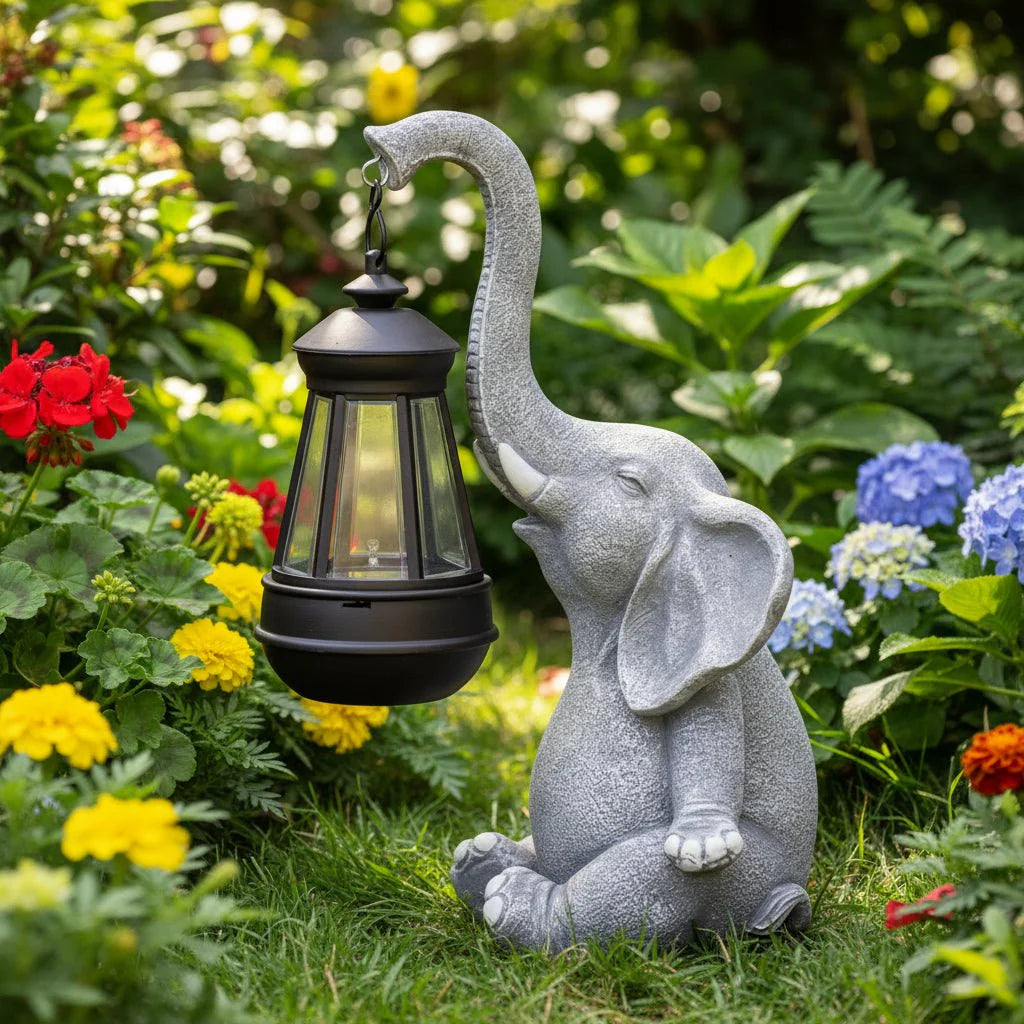 Elephant Garden Statue with Solar Lamp – Weather-Resistant Plastic Garden Decor for Outdoor and Patio Lighting